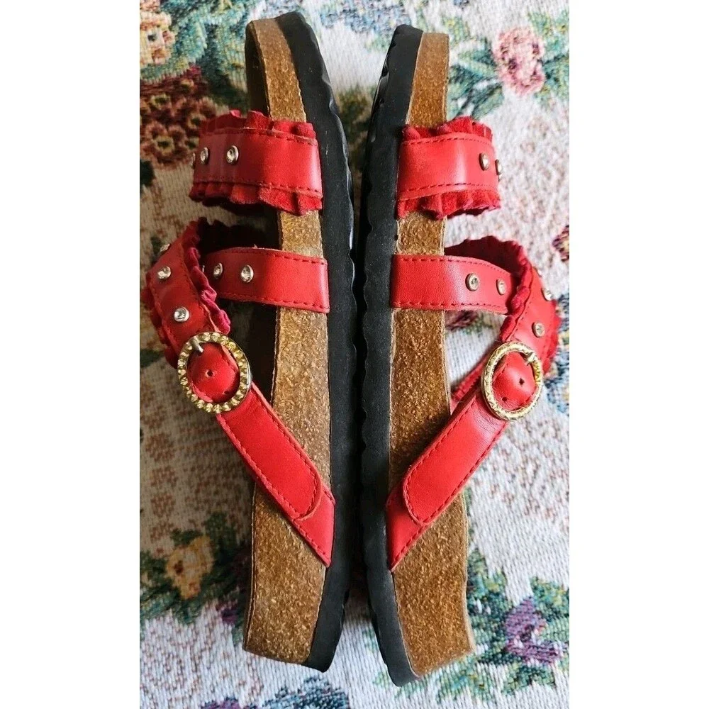 Birkenstock Betula Krystle Magenta Red Ruffle Rhinestone Studs Sandals Sz 7 38